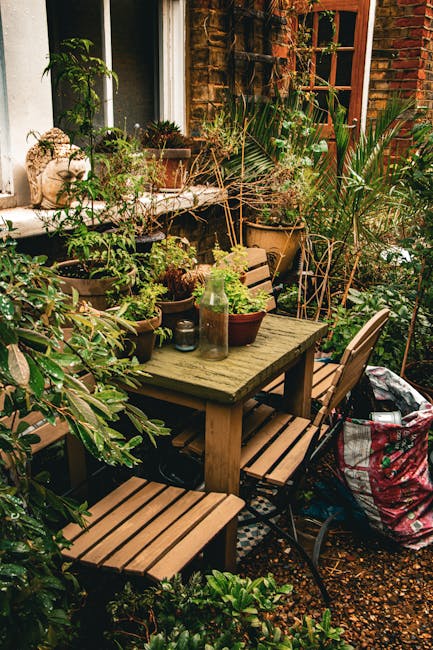 A cozy urban garden patio adjacent to a brick house, featuring a weathered wooden dining table surrounded by matching slatted chairs. The table holds various potted plants, including small succulents and leafy greens, along with a glass jar and a metallic container. The garden is dense with a variety of lush, leafy plants, including tall palms, broad-leafed shrubs, and smaller greenery in ceramic and plastic pots, creating a vibrant, layered display. The ground is covered in small gravel, and a large gardening bag with tools is visible on the ground beside the table. In the background, there is a wooden window with a grid design, partially obscured by the foliage, and a white-framed door. The overall scene is bathed in warm natural light, emphasizing the textures of wet soil, plant leaves, and rustic wood, reflecting a well-maintained, inviting outdoor space typical of garden maintenance or landscaping work. This image is from Gardeners West Kensington, aligning with garden care themes related to the Hammersmith and Fulham council garden rules.